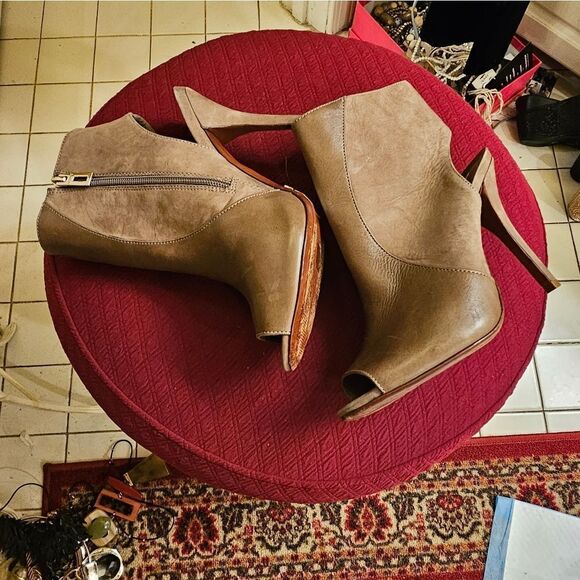SCHUTZ TAUPE LEATHER & SUEDE OPEN TOE BOOTIES - Picture 2 of 7